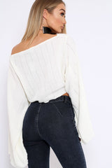 Cream Striped Cropped Batwing Jumper with V neck -Karri-Jumper