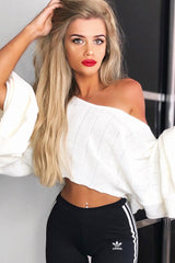 Cream Striped Cropped Batwing Jumper with V neck -Karri-Jumper