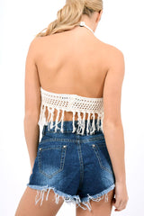 Cream Tassel Crochet Halter Crop Top - Dayna-Crop Tops