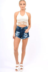 Cream Tassel Crochet Halter Crop Top - Dayna-Crop Tops