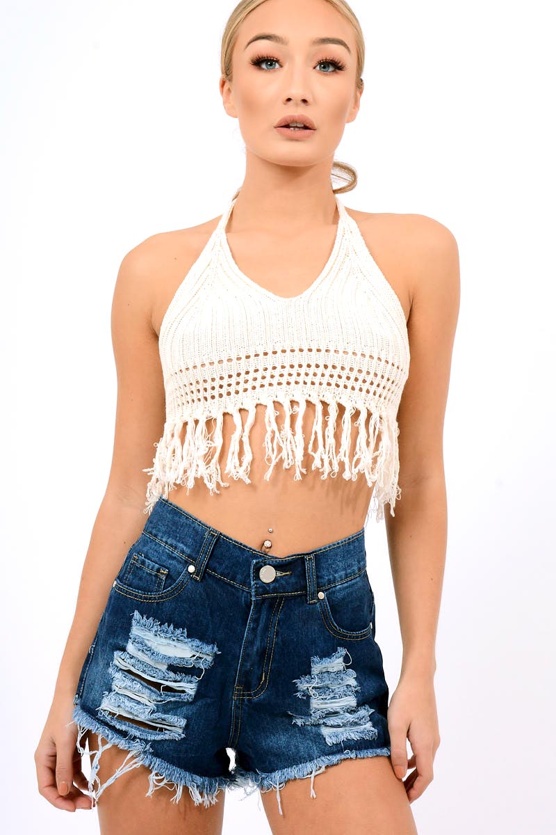 Cream Tassel Crochet Halter Crop Top - Dayna-Crop Tops