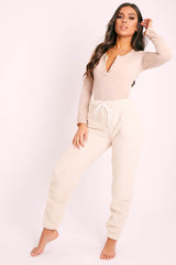 Cream Teddy Borg Joggers - Allyssa-Joggers