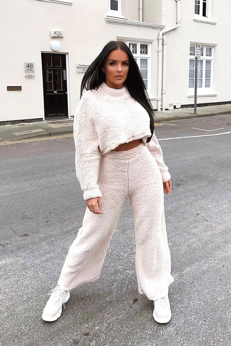 Cream Teddy High Neck Top Trouser Co-ord - Gratia-Co-ords