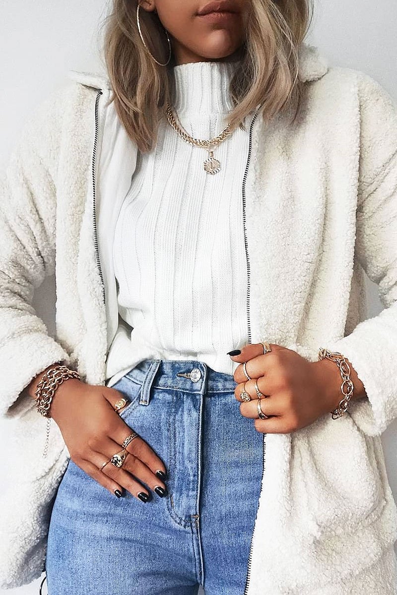 Cream Teddy Zip Jacket - Rien-Jackets