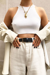 Cream Thick Rib Halter Neck Crop Top - Aariella-Crop Tops