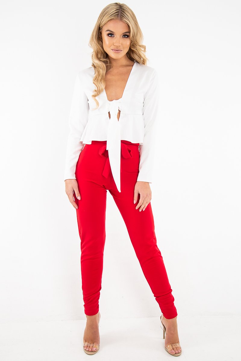 Cream Tie Front Plunge Crop Blouse - Linzy-Blouse