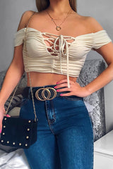 Cream Tie Front Ruched Off Shoulder Crop Top - Blake-Crop Tops