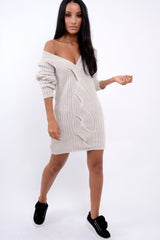 Cream V Neck Twist Knit Jumper Dress - Tilly-Jumper