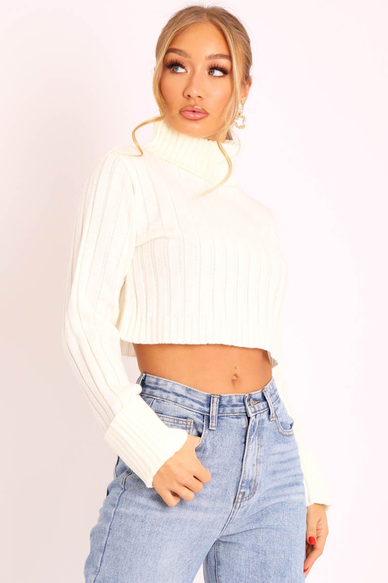 Cream Wide Rib Roll Neck Jumper - Joyanna-Jumper