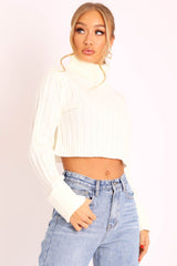 Cream Wide Rib Roll Neck Jumper - Joyanna-Jumper