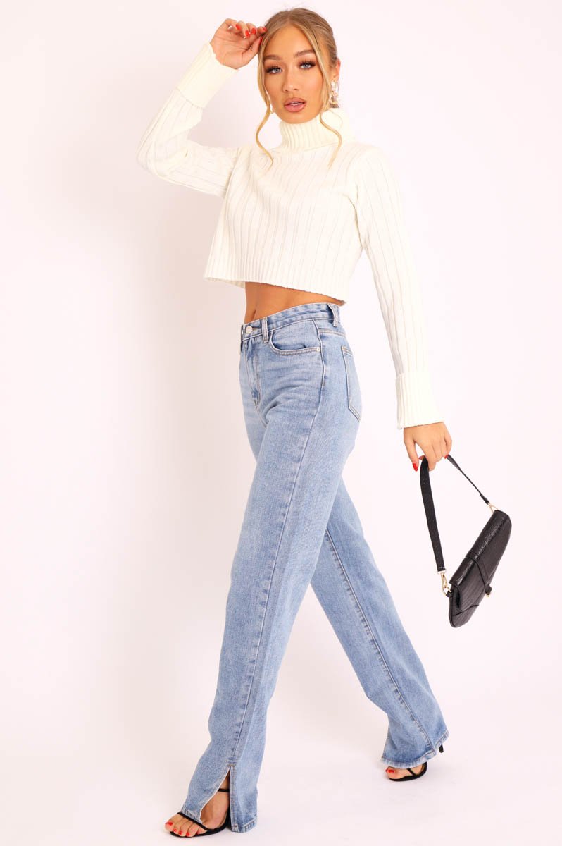 Cream Wide Rib Roll Neck Jumper - Joyanna-Jumper