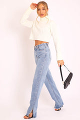 Cream Wide Rib Roll Neck Jumper - Joyanna-Jumper