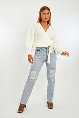 Cream Wrap Tie Details Cardigan - Lucy-Cardigans