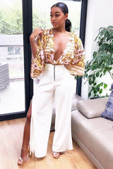 Cream Zip Front High Waisted Flare Trousers - Gerta-Trousers