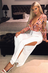 Cream Zip Front High Waisted Flare Trousers - Gerta-Trousers