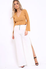 Cream Zip Front High Waisted Flare Trousers - Gerta-Trousers