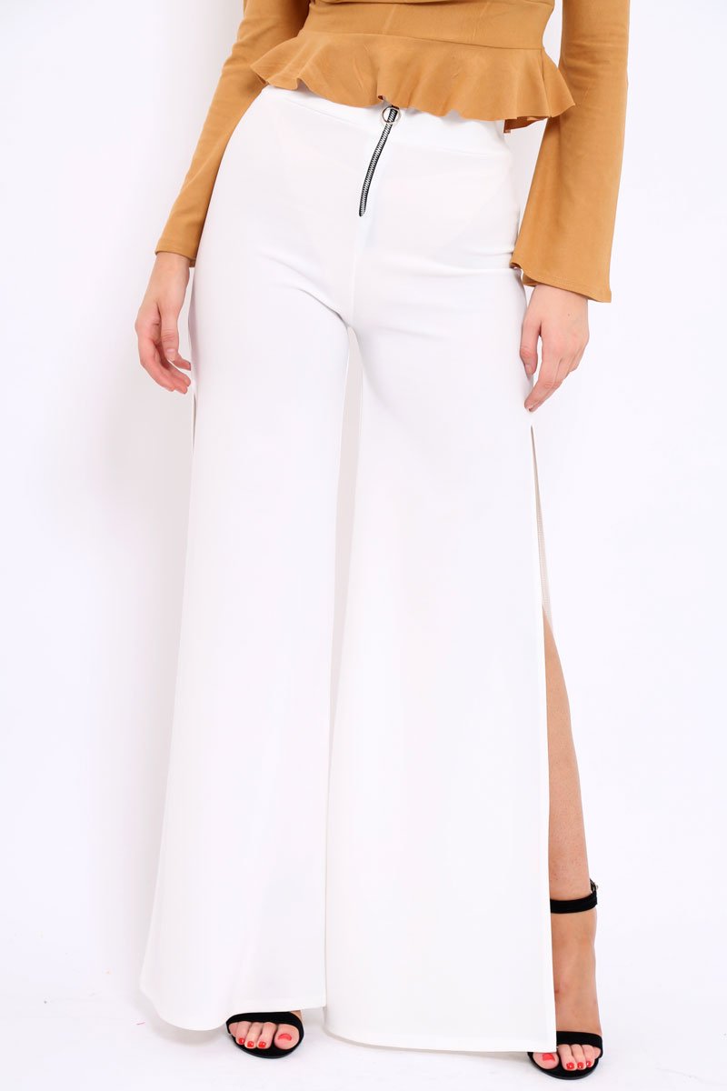 Cream Zip Front High Waisted Flare Trousers - Gerta-Trousers
