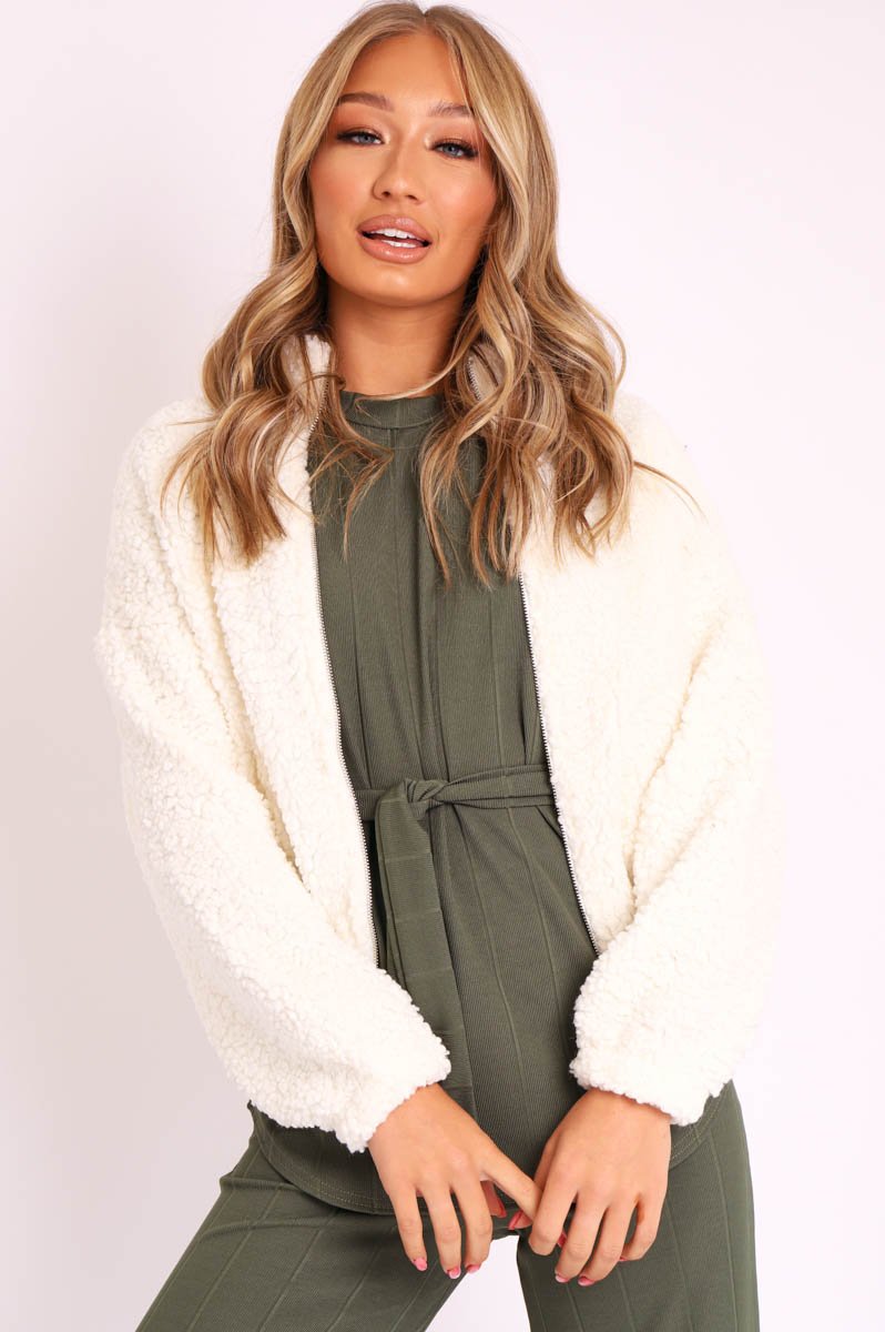 Cream Zip Front Teddy Jacket - Elena-Jackets