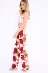 Cream and Red Floral Crop Top and Trousers Co-ord Set - Kimmy-Co-ords