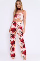 Cream and Red Floral Crop Top and Trousers Co-ord Set - Kimmy-Co-ords