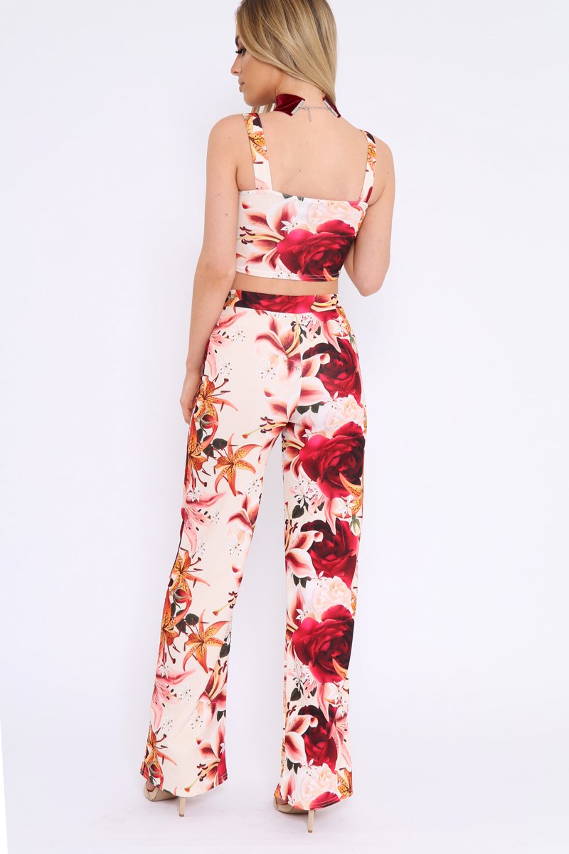 Cream and Red Floral Crop Top and Trousers Co-ord Set - Kimmy-Co-ords