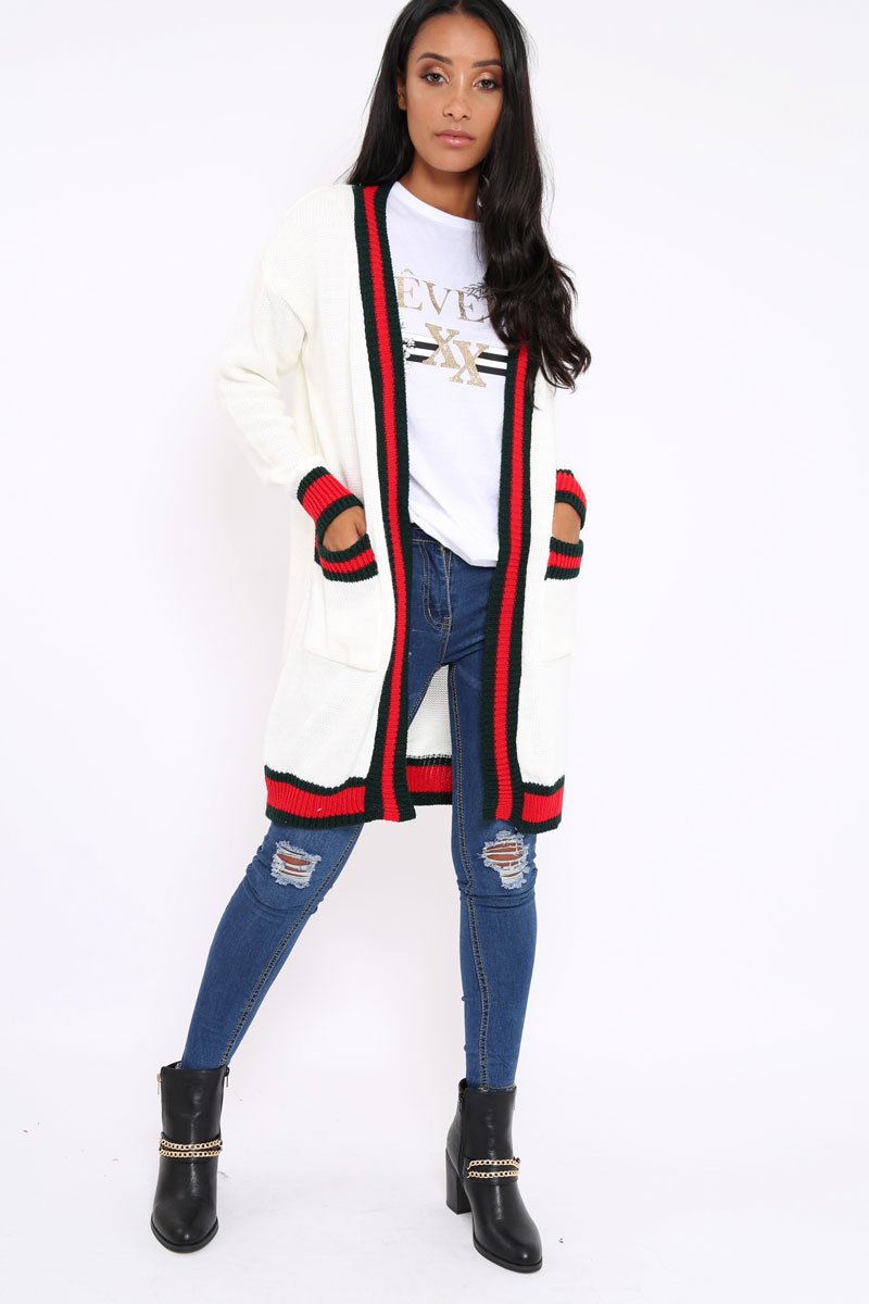 Cream knitted Cardigan with Striped Trim - Ivy-Knitwear