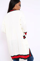Cream knitted Cardigan with Striped Trim - Ivy-Knitwear