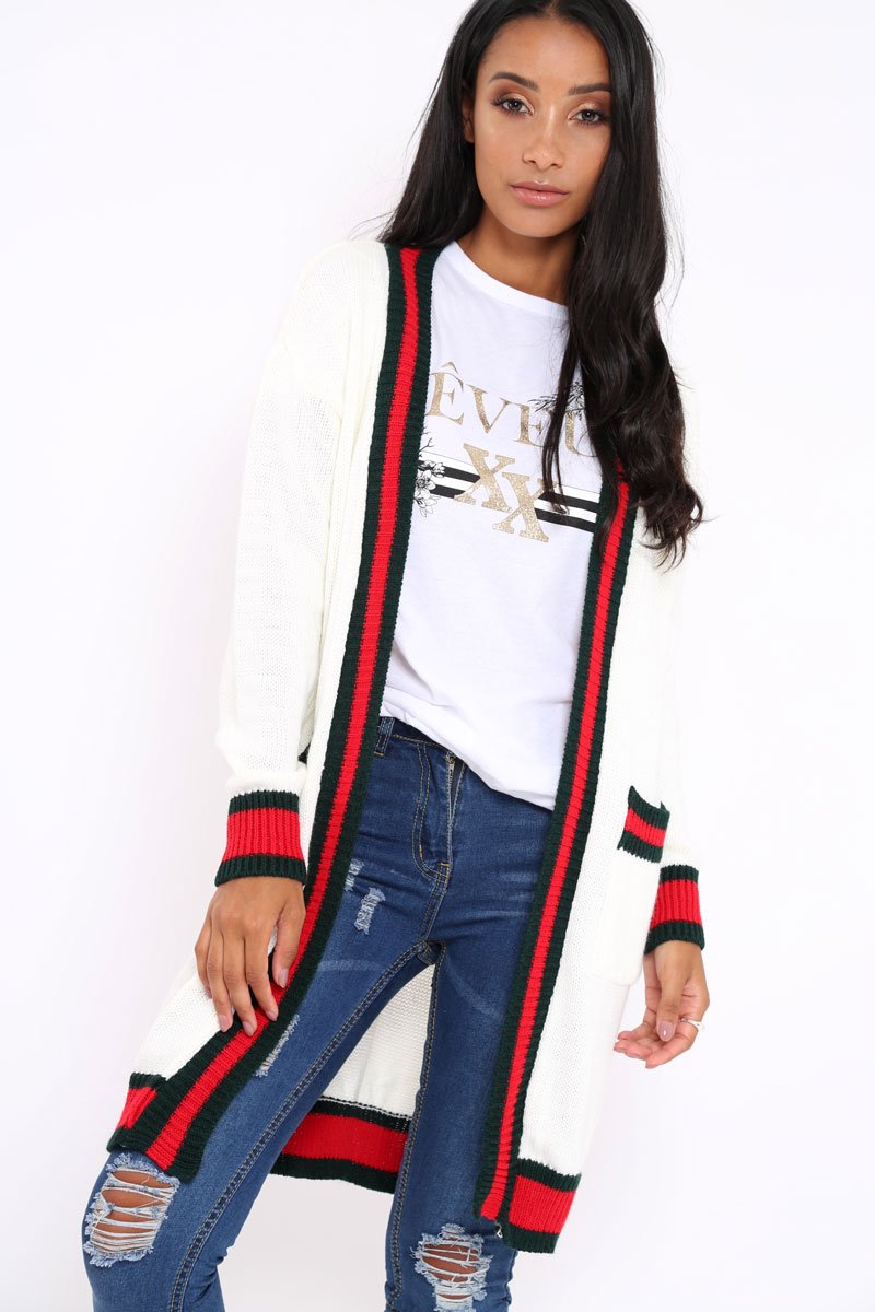 Cream knitted Cardigan with Striped Trim - Ivy-Knitwear