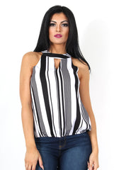 Crystal Striped High Neck Top-Tops