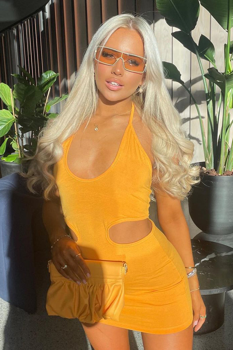 Orange Halter Neck Side Cut Out Mini Dress - Davida