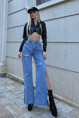 Blue Distressed Side Slit Wide Leg Jeans - Della
