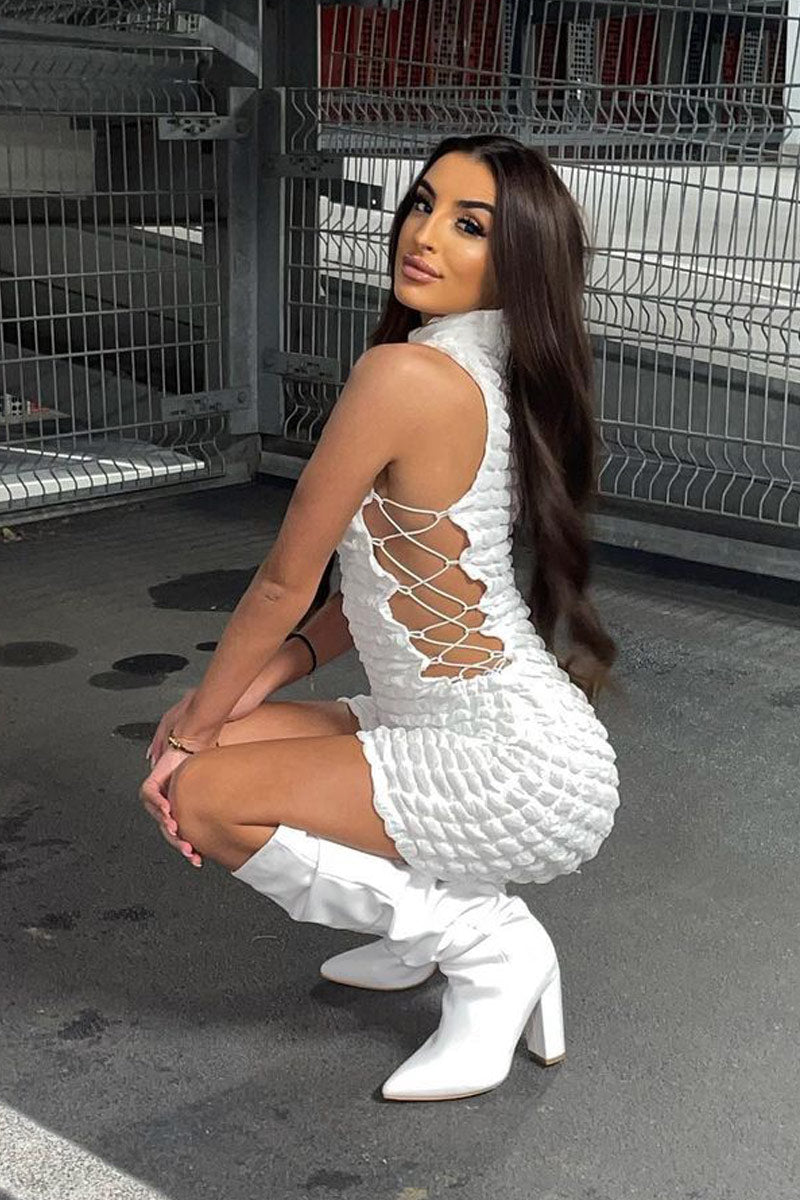 White Puff Fabric Lace Up Playsuit - Delphi