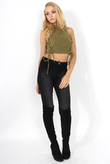 Daisy Khaki Suede Tie Up Crop Top-Tops