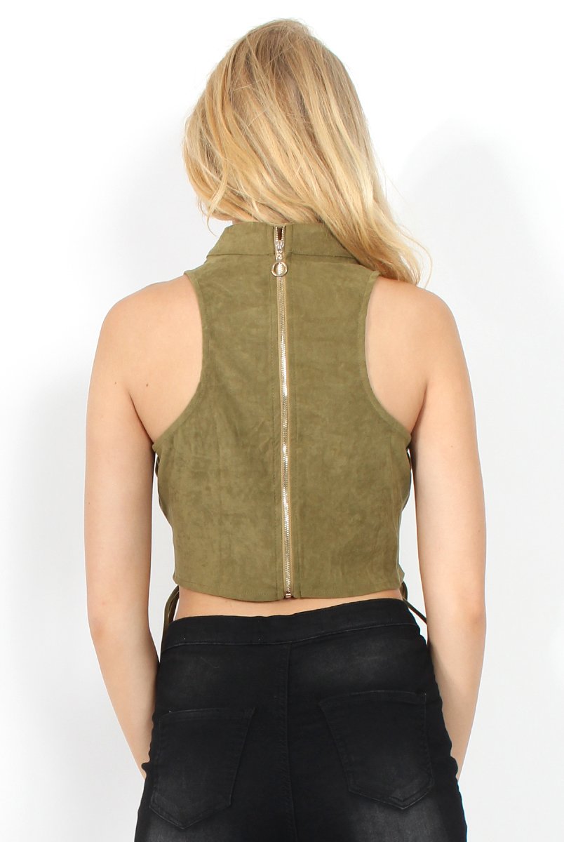 Daisy Khaki Suede Tie Up Crop Top-Tops