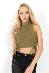 Daisy Khaki Suede Tie Up Crop Top-Tops