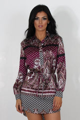 Damae Wine Paisley Print Shirt Dress-Dresses