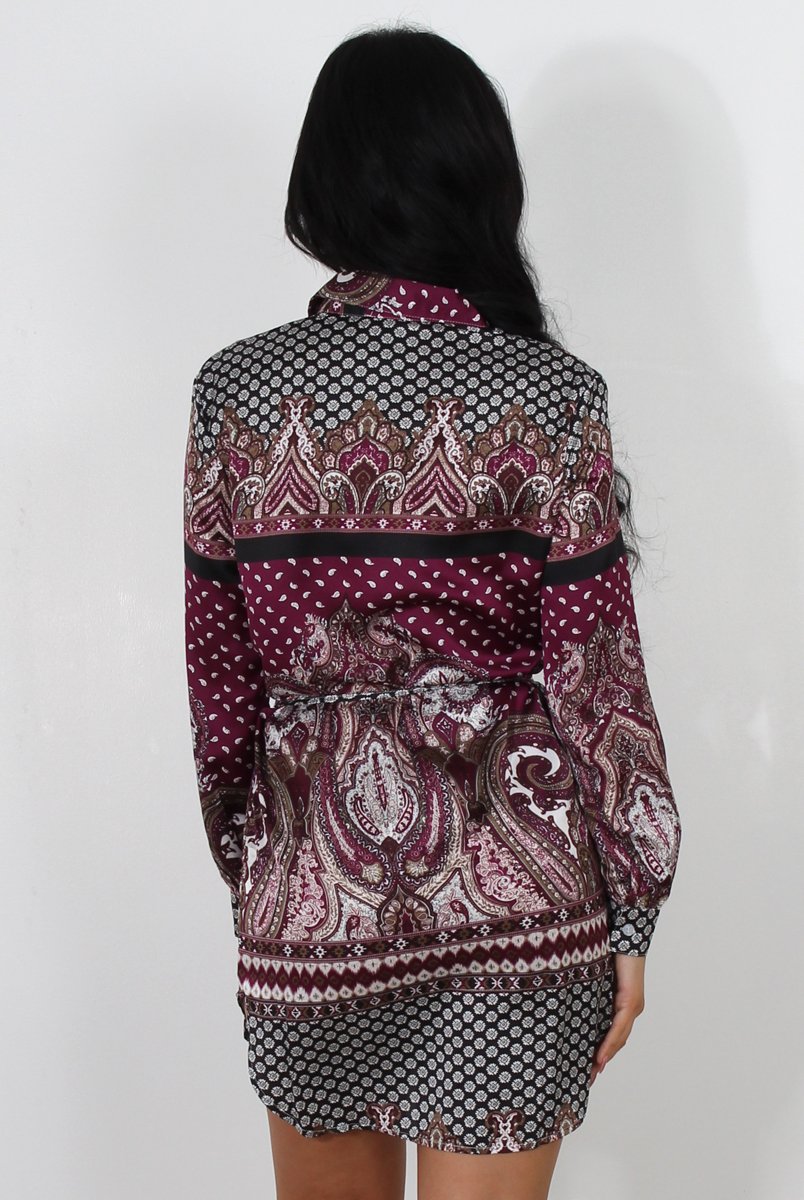 Damae Wine Paisley Print Shirt Dress-Dresses