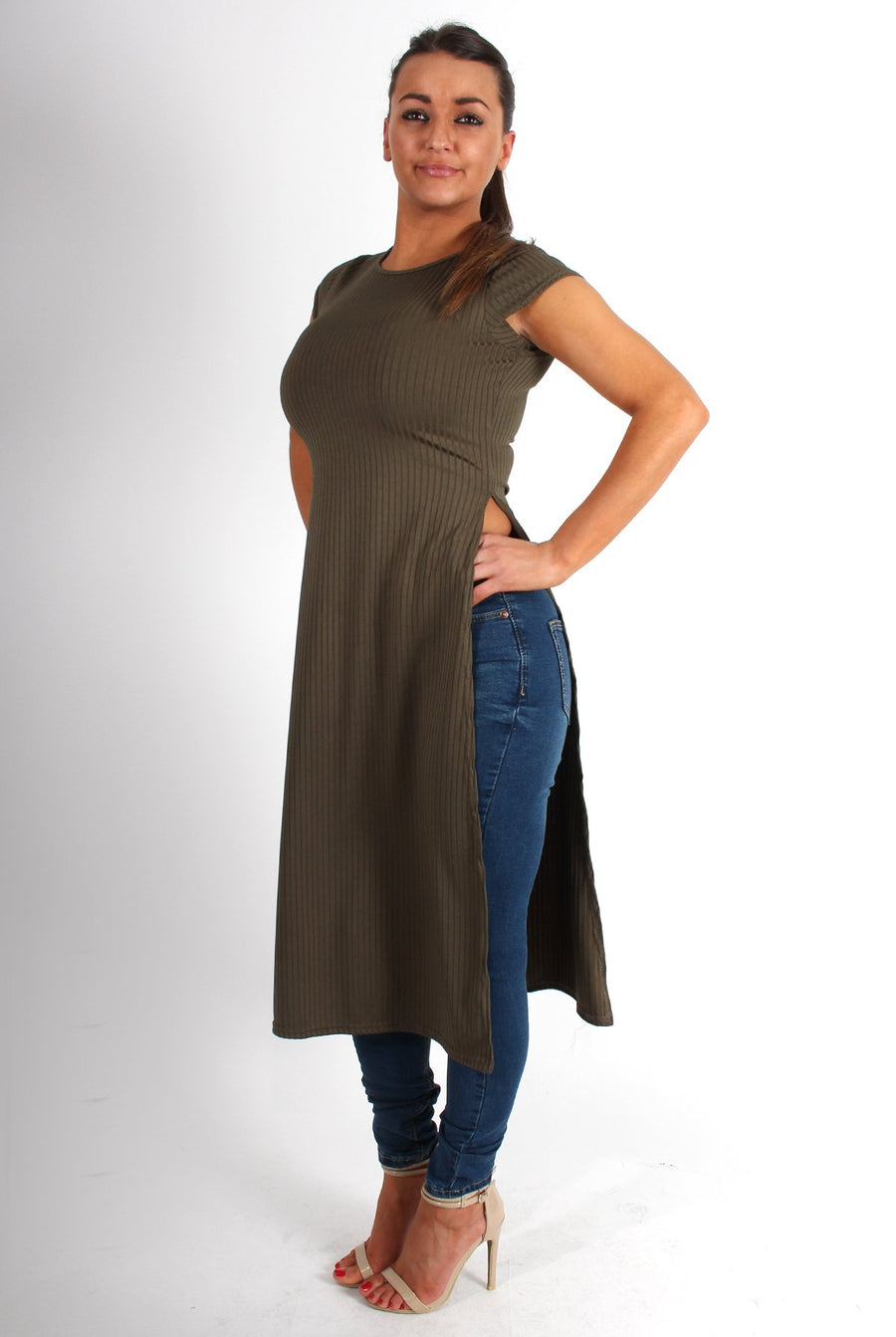 Daphne Khaki Side Split Top-Tops