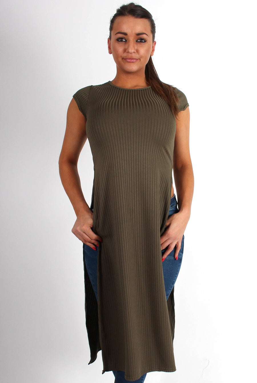 Daphne Khaki Side Split Top-Tops