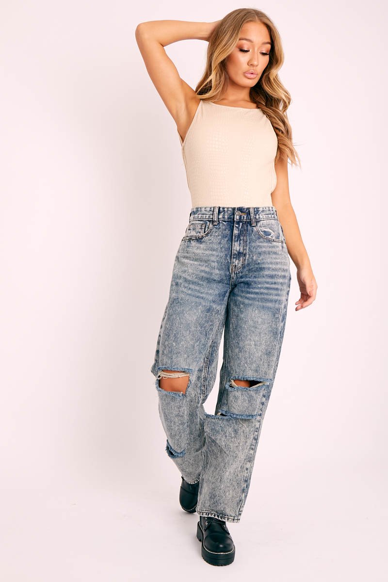 Dark Blue Acid Wash Distressed Mom Jeans - Becca-Jeans
