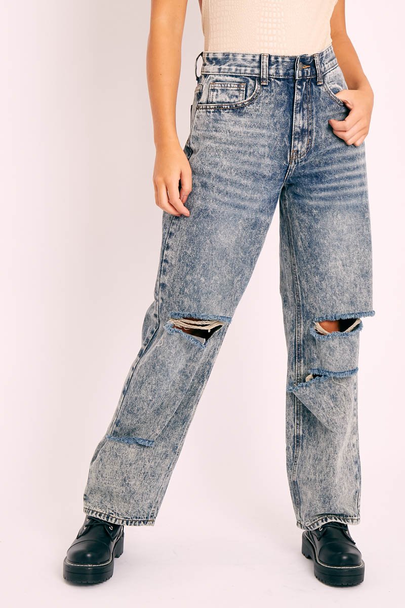 Dark Blue Acid Wash Distressed Mom Jeans - Becca-Jeans