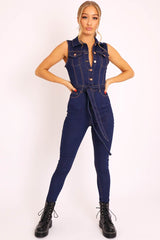 Dark Blue Button Front Sleeveless Jumpsuit - Faven-Jumpsuits