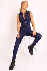 Dark Blue Button Front Sleeveless Jumpsuit - Faven-Jumpsuits