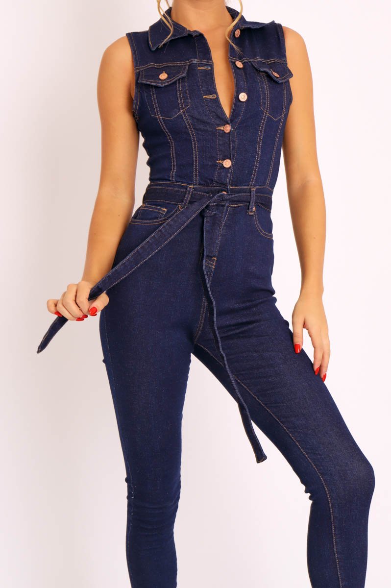 Dark Blue Button Front Sleeveless Jumpsuit - Faven-Jumpsuits