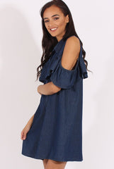 Dark Blue Cold Shoulder Denim Dress - Torrie-Dresses