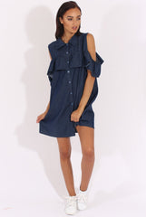 Dark Blue Cold Shoulder Denim Dress - Torrie-Dresses
