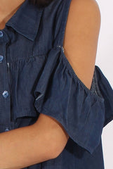 Dark Blue Cold Shoulder Denim Dress - Torrie-Dresses