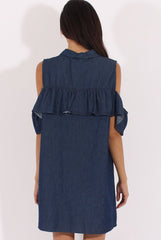 Dark Blue Cold Shoulder Denim Dress - Torrie-Dresses