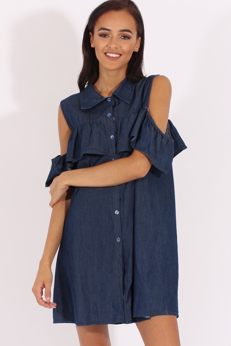 Dark Blue Cold Shoulder Denim Dress
