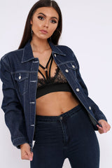 Dark Blue Contrast Stitch Denim Jacket -Cristina-Denim Jackets